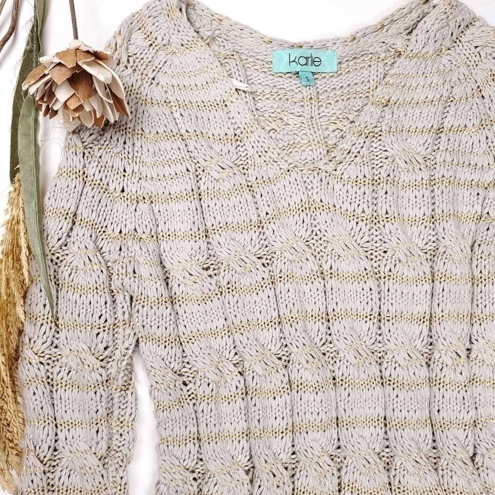 Karlie Tan Gold Striped Cable Knit Long Sweater Sz S - Picture 8 of 16